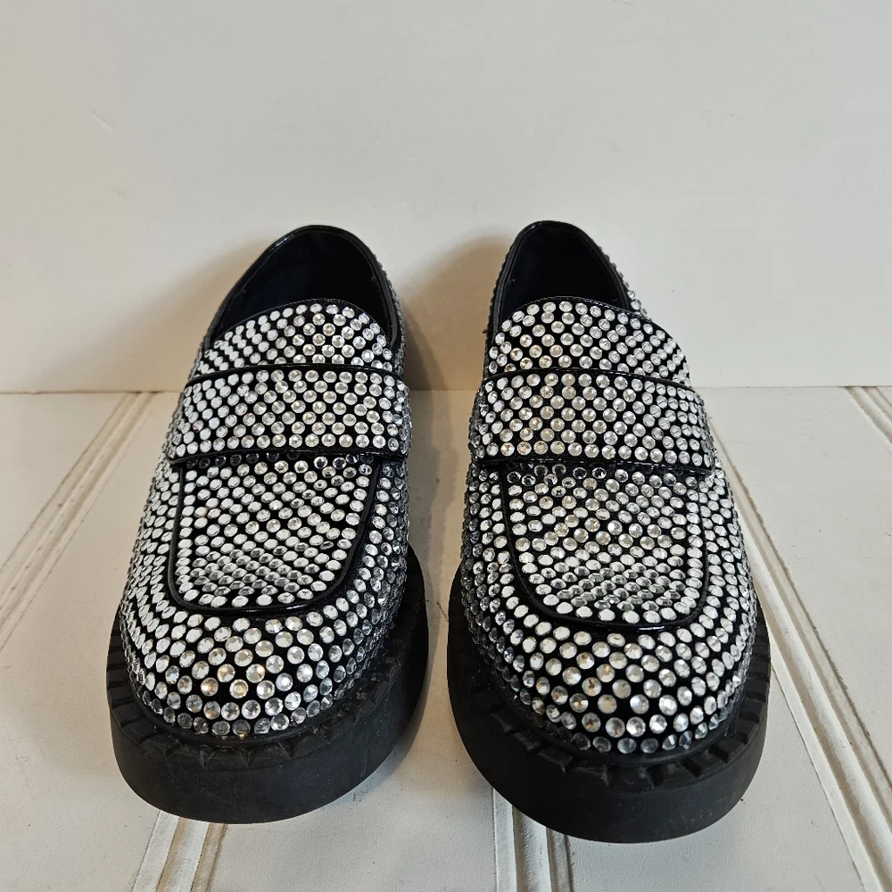Jeffrey Campbell Library Loafers 9.5 Platform Rhinestone Chunky Heel Black